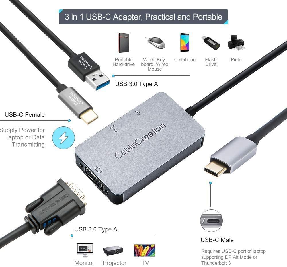 Crazy Clearance USB C to VGA Adapter, CableCreation Aluminum 3-in-1 USB-C Hub with 60W PD, 1920x1200@60Hz VGA, USB 3.0 Data Hub for MacBook Pro 2019/2018, XPS 15/13, Surface Book, Galaxy S10, LG G5