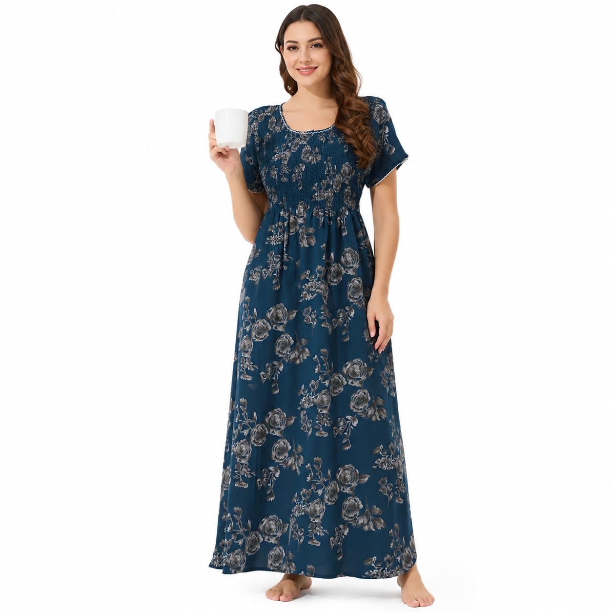 Fashion Women’s Floral Printed Nighty for Girls & Women | Soft Comfortable Full Length Night Gown | Short Sleeve Round Neck Sleepwear with Pocket-image-5