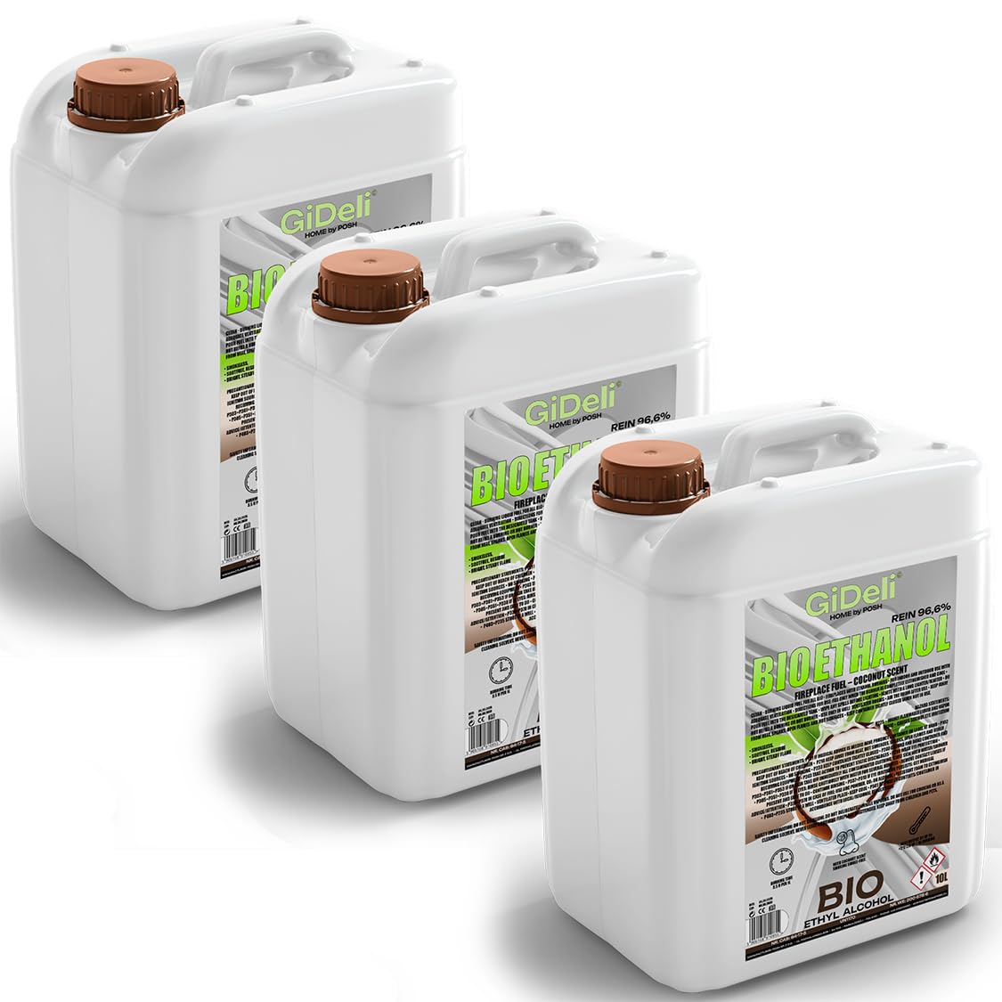GiDeli Bioetanol - 3 x 10 l de aroma de coco 96,6% etanol para chimeneas interiores y exteriores, sin humo ni hollín, de maíz y remolacha azucarera