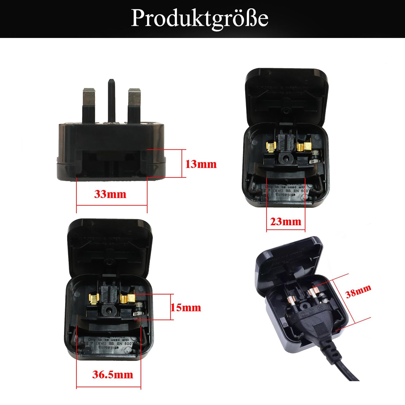 2 Pack EU to UK Plug Adapter with 13A Fuse, 2 Pin to 3 Pin Adapter Plug UK, Converter Plug EU to UK For Type E/F, Toothbrush Adapter Plug with Screwdriver, Black — view 2