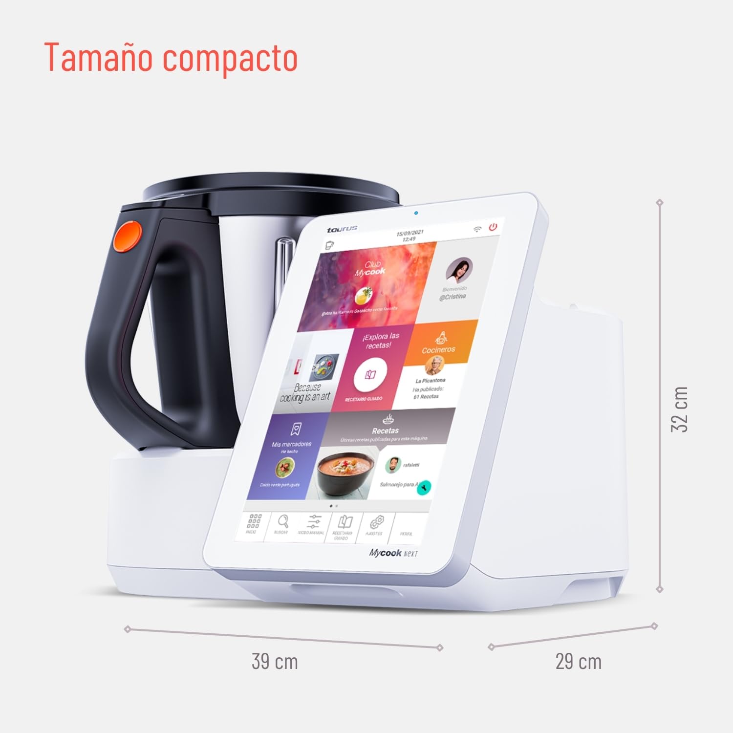Taurus Mycook Next - Robot de Cocina con wifi, pantalla XXL, cocina por voz, inducción, cocción lenta o alta temperatura, sous-vide, 30 funciones, 2000W, jarra 3.75L, app mycook + accesorios