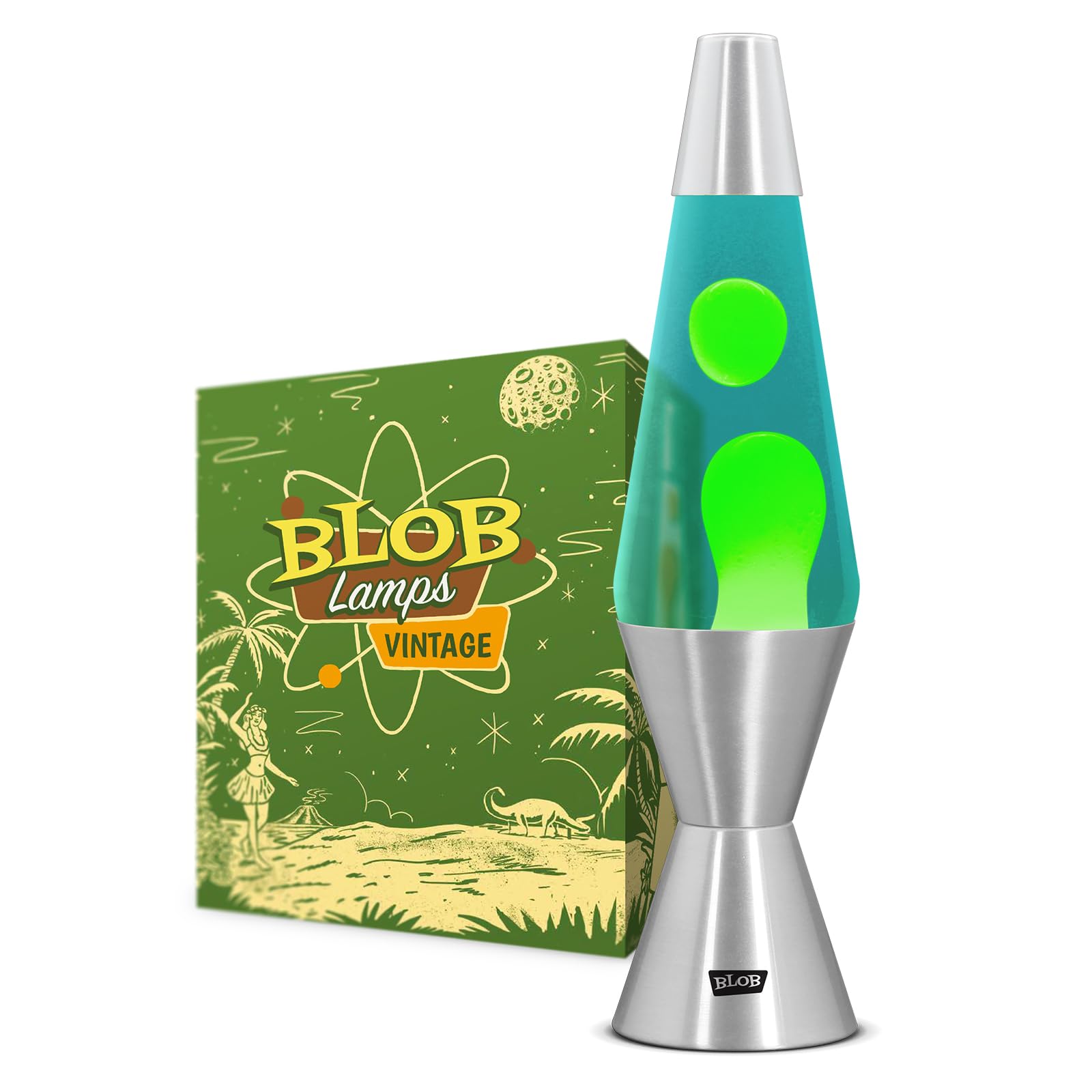 Liquid Motion Lamp Vintage Green Wax Blue Liquid Polished Metal Base & Cap 14.5” Mood Lamp Light