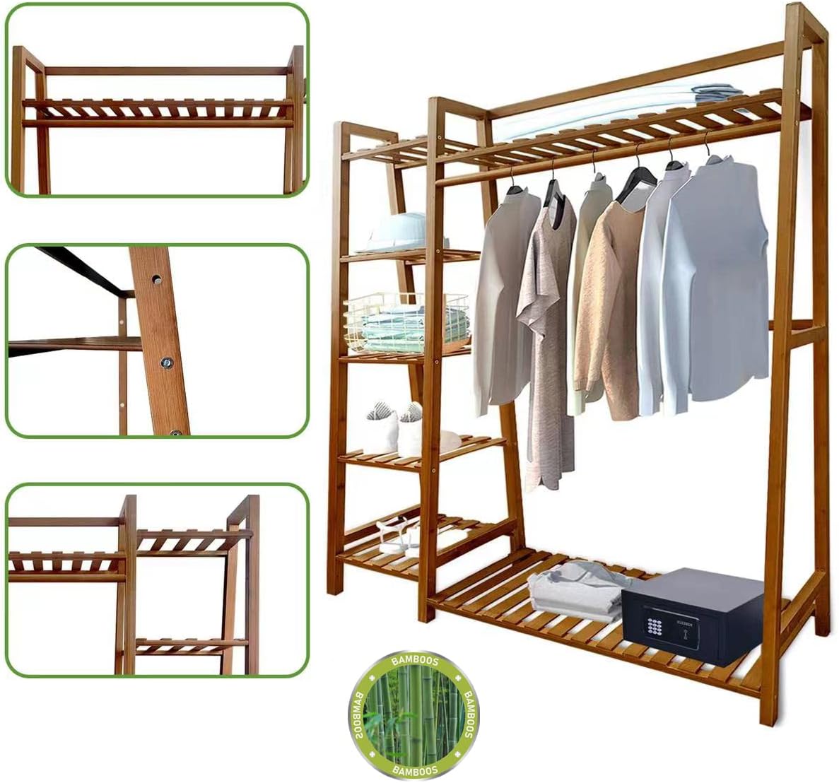 Bamboo Clothing Rack with Shelves Thickened Wood Clothing Racks for