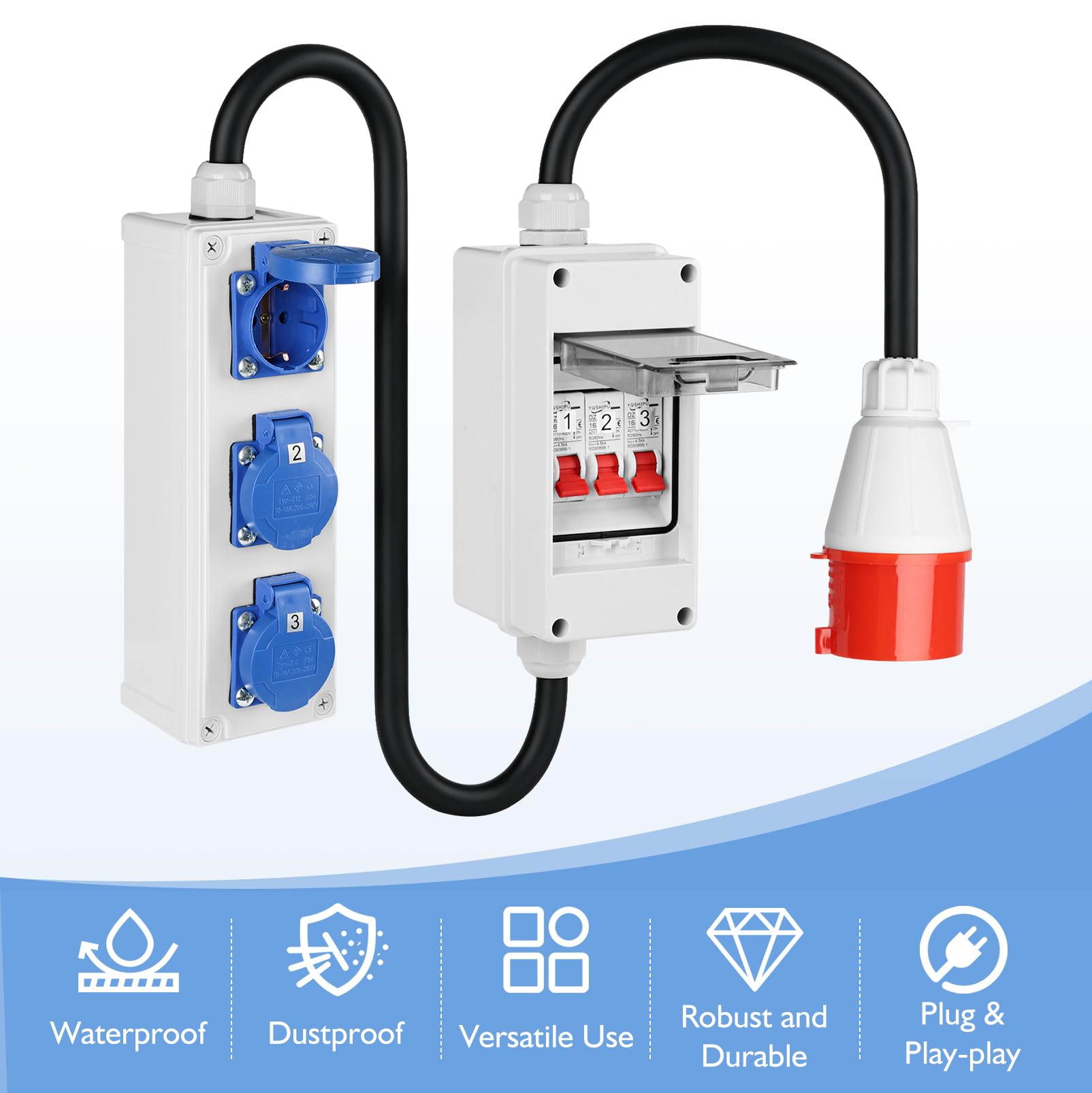 Starkstrom - Adaptador CEE de 380 V a 220 V, conector CEE de 5 polos 32 A | aja de fusibles con 3 enchufes Schuko de 16 A, caja de fusibles IP65 con 3 interruptores de circuito de 16 A