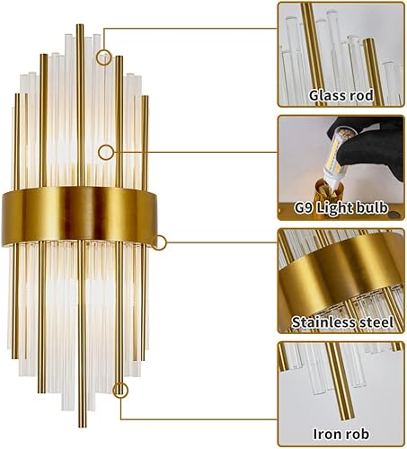 Miniatura 4 de WABON Lámpara de pared moderna de cristal, aplique de pared dorado de cristal para sala de estar, mesita de noche, pasillo, escalera