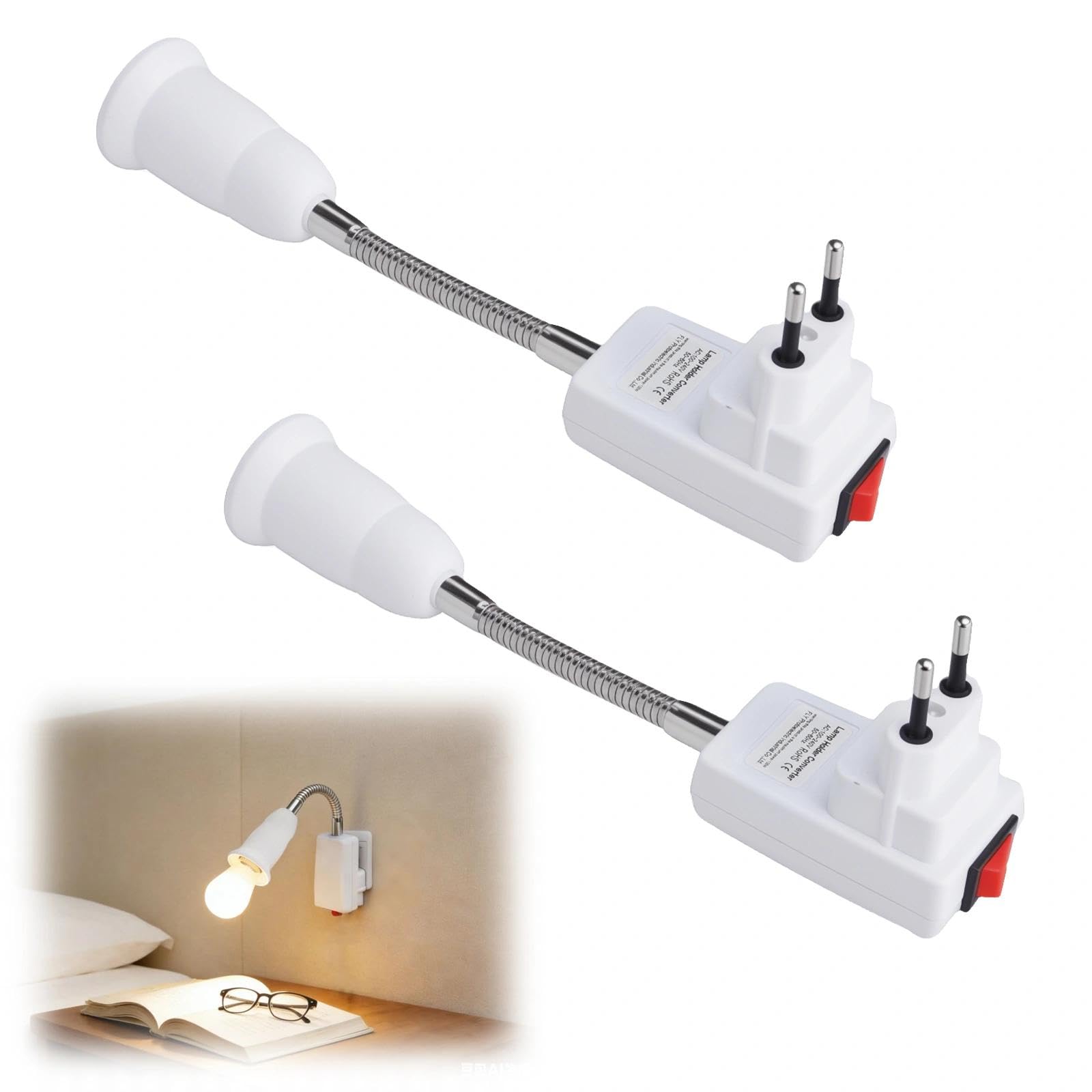 HENGBIRD 2 x adapter E27 – elastyczna lampa typu łabędzia szyja do gniazdka z wtyczką UE, oprawa 20 cm z wtyczką, odporna na wysokie temperatury PBT do czytania LED