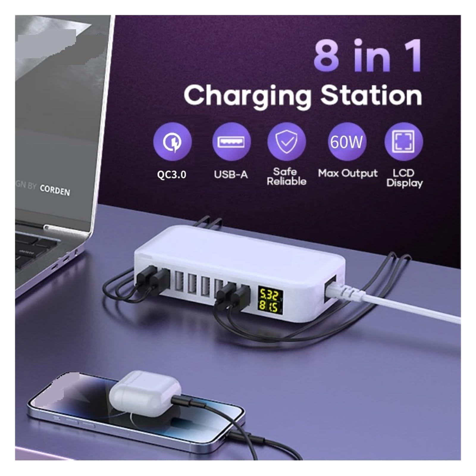 8-portowa Stacja Ładująca USB 60 W/12 A Wieloportowa Ładowarka USB QC3.0 Z Wyświetlaczem LCD Szybki Sejf