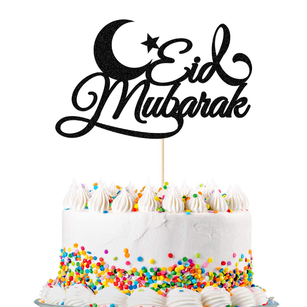 EDSG Eid Mubarak Glitter Cake Topper Ramadan Islam Party Decoration Hajj Double Sided Glitter Card Black