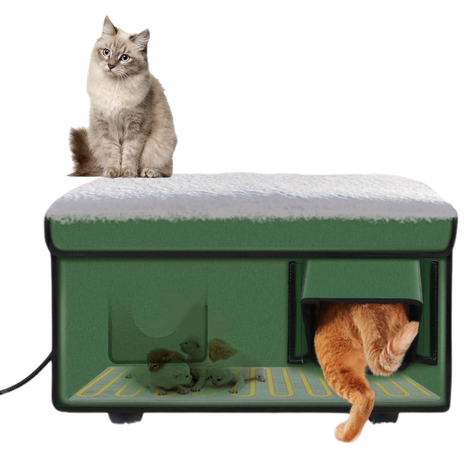 Elevated Base Heated Cat House, Insulated Outdoor Cat Shelter with Two Exits, Cat House for Outside Winter with Safe Escape Door & Magnetic Lock, Weatherproof, for Feral Barn Cat green L