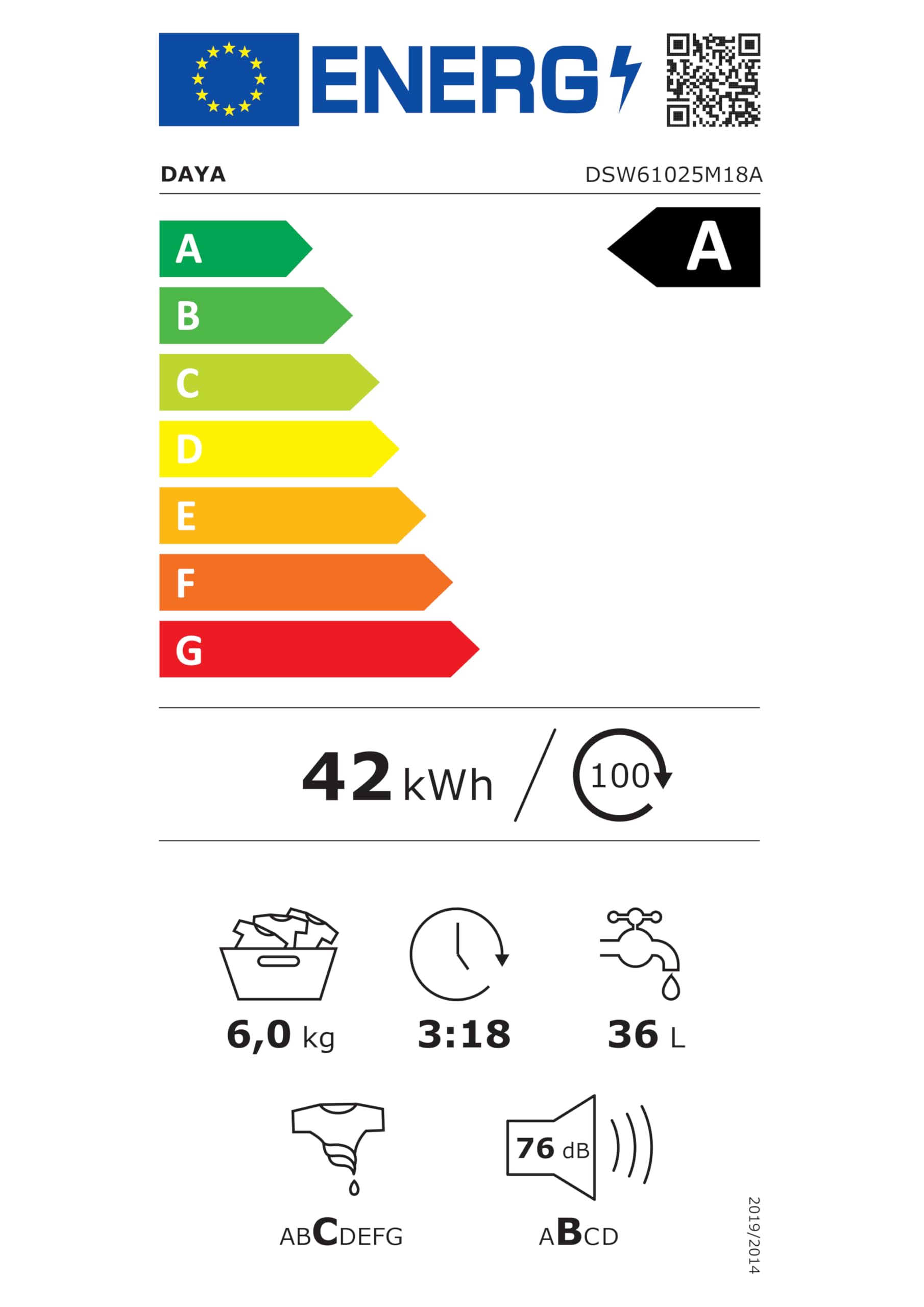 Lavatrice Daya DSW61025M18A, 6 kg, 1000 giri/min, Motore BLDC Inverter, Classe A, Programma Vapore, Risciacquo+, Weight Sensing, Programma Rapido, Profondità Slim 44 cm