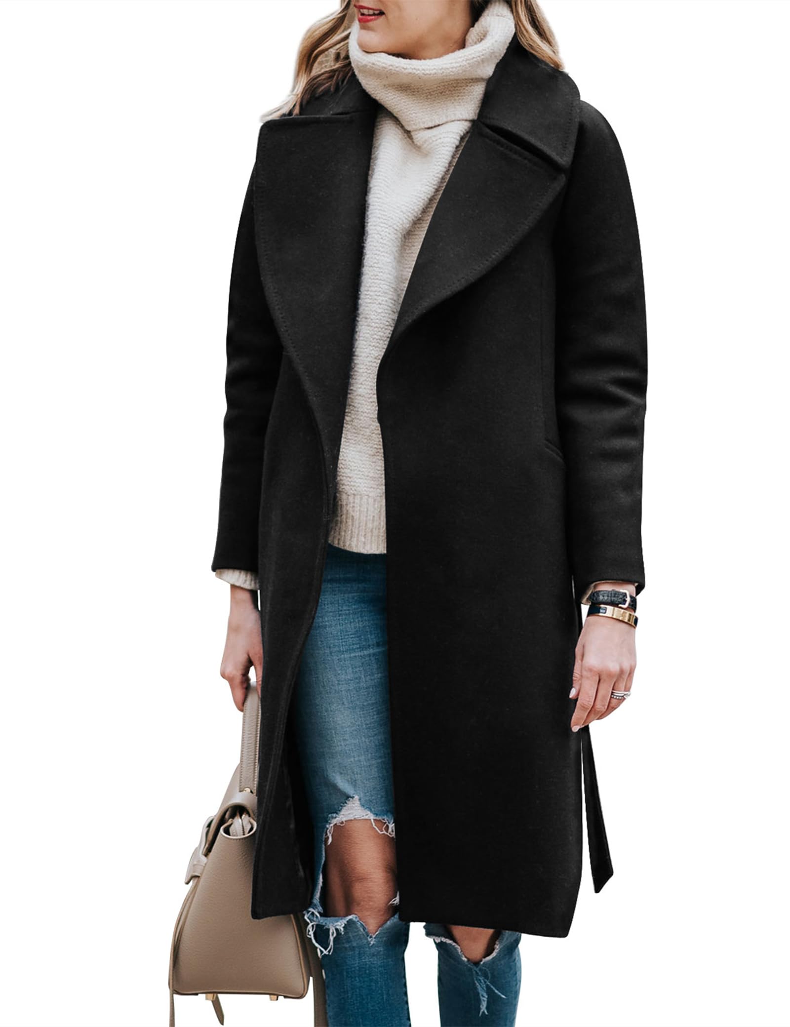 BZB Womens Trench Coat Long Wool Blend Pea Coat Winter Casual Overcoat Notched Lapel Collar Belted Long Jacket