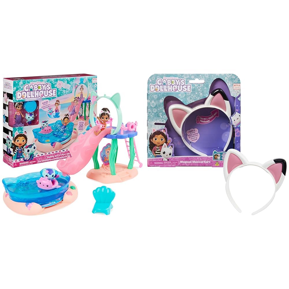 Gabby's Dollhouse, Purr-ific Pool Playset with Gabby and MerCat Figures & Magical Musical Cat Ears with Lights, Music, Sounds and Phrases, Kids’ Toys for Ages 3 and above