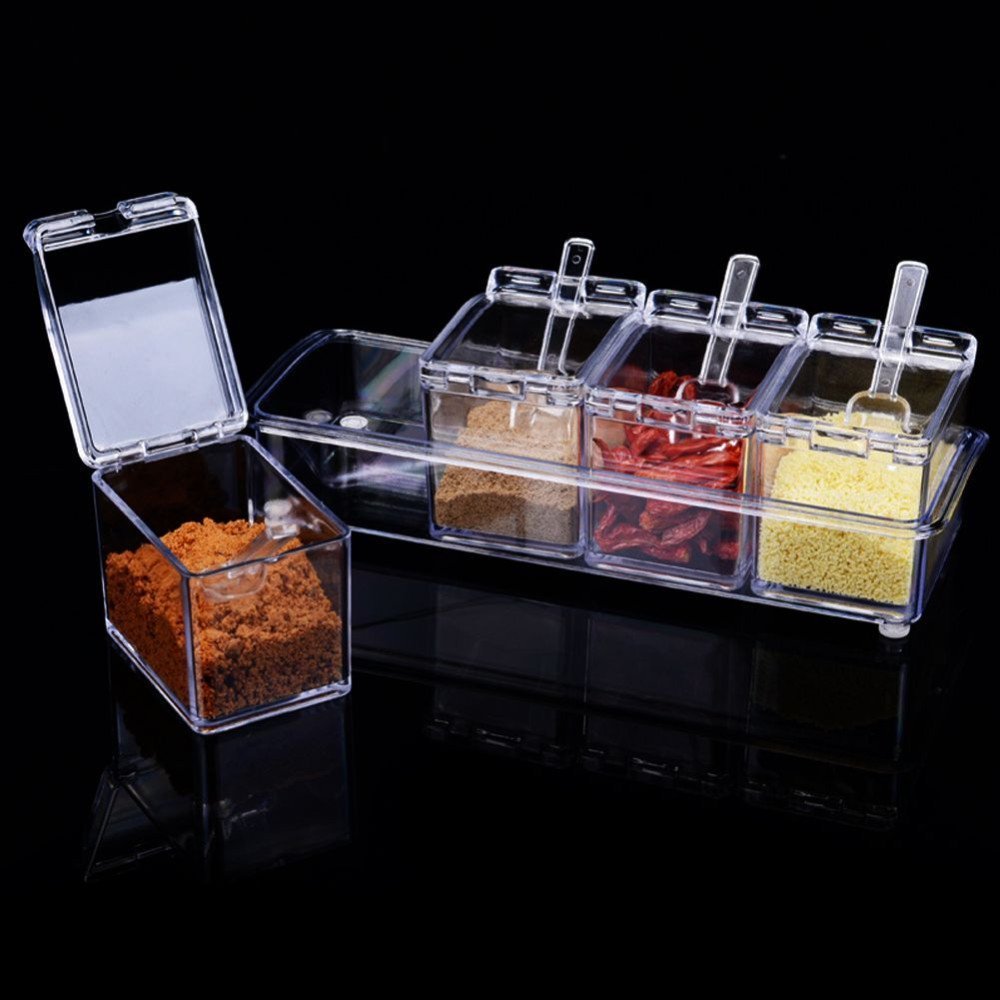 4square Crystal Seasoning Acrylic Box Pepper Salt Spice Rack Plastic 4 Box with Spoons Kitchen See Through Storage Containers Cooking Tools 2