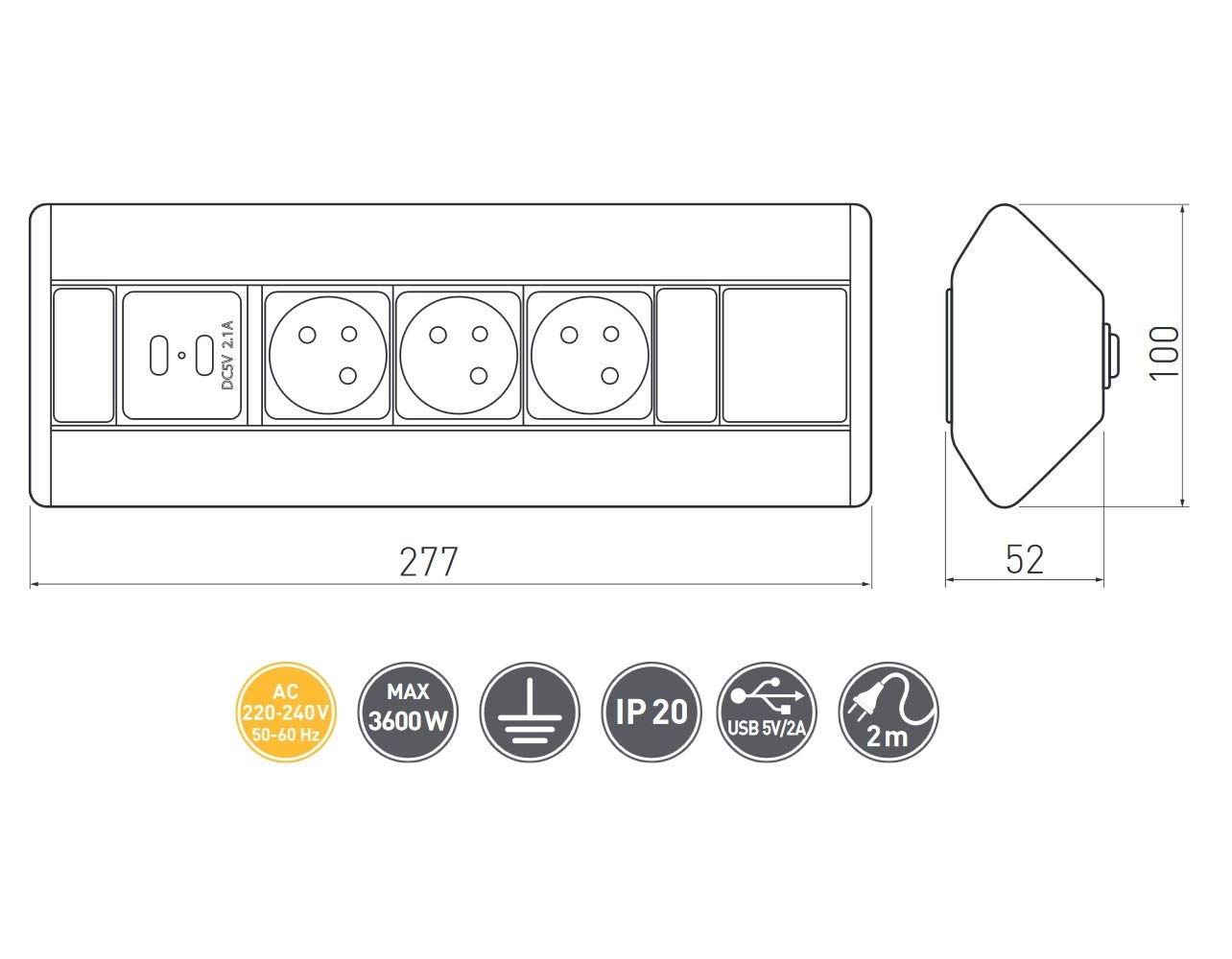 Presa da tavolo a 3 prese + presa angolare USB da cucina