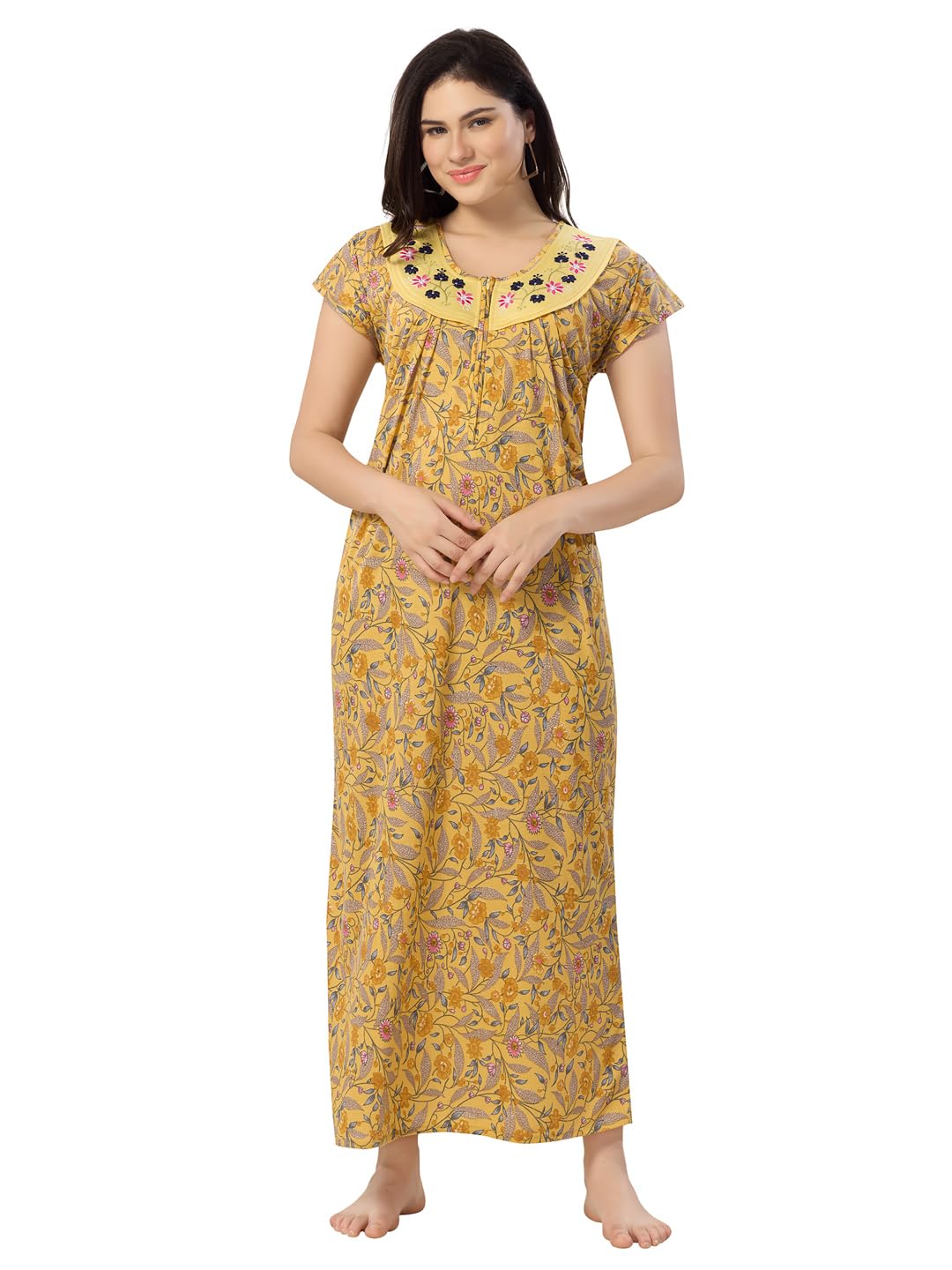 for you for me Women's Pure Cotton Hosiery Regular Printed Nighty Floral Print Gown Maxi Front Zip-picture-5