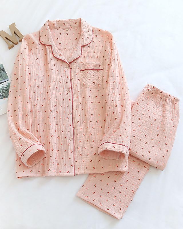 Image of codcm Womens Cotton Gauze Pajama Set Long Sleeve Button Up Shirt and Pants 2 Piece Cute Printed Pj Set