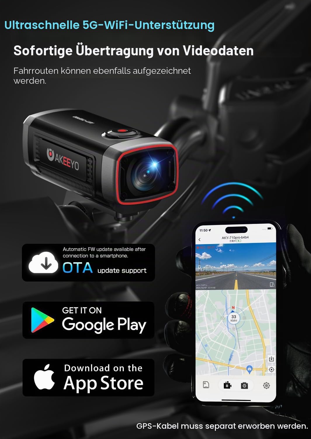 AKEEYO-710Pro EIS Fahrradkamera, 4K28FPS 20MP WiFi Action Kamera mit IP66 Ultra HD wasserdichte Kamera, 142° Weitwinkelansicht mit 64GB Karte, Upgrade Anti-Shake Funktion mit Nachtsicht,G-Sensor,GPS