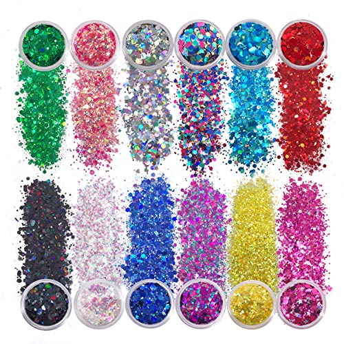 12 Pack - Multi-Colored Face & Body Glitter - Glue Included - Rainbow Chunky Glitter - Uses Include: Festival Rave Makeup Face Body Nails Resin Arts & Crafts, Resin, Tumblers, Bath Bombs #TOP2
