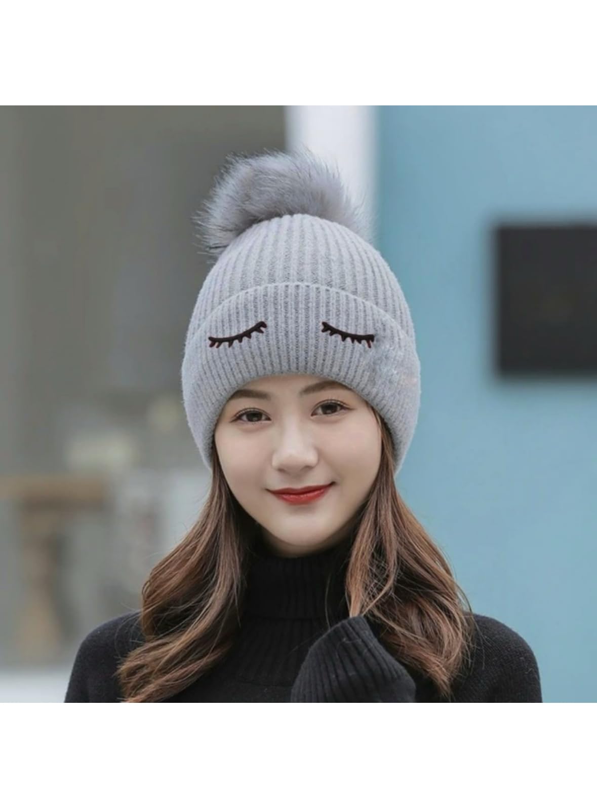 Women Soft Knitted Faux Fur Earmuff Winter Warm Woolen Hat Cute Animal Theme Fluffy Plush Ear Protection Warmer Snow Cap for Girls (C Grey)