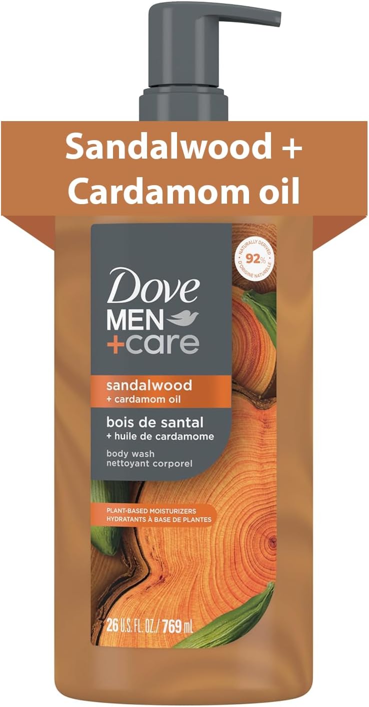 DOVE MEN + CARE Body Wash Sandalwood + Cardamom Oil to Rebuild Skin in the Shower with Plant-Based Cleansers and Moisturizers 26 oz