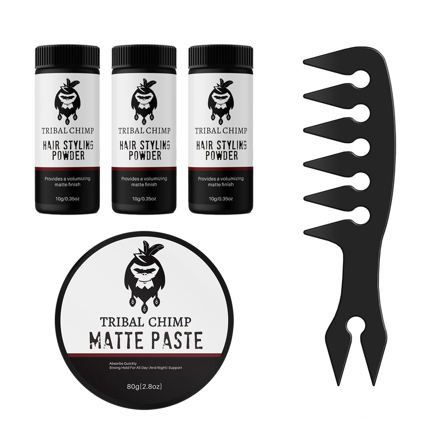 Tribal Chimp Hair Powder Matte Paste and Comb Bundle - 3 x 10g Pack Powder 2 8 oz