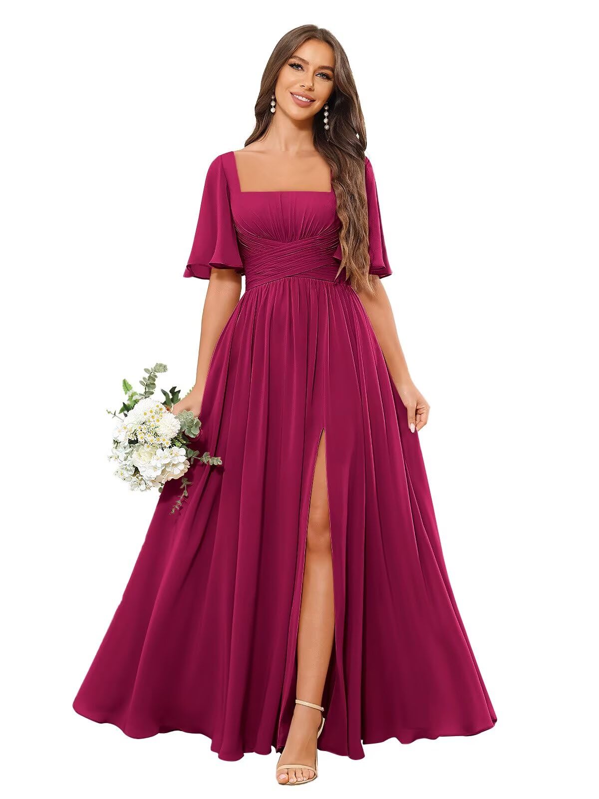 JKMMYO Square Neck Bridesmaid Dresses with Slit Pockets Chiffon Flutter Sleeve Long Formal Wedding Guest Dress
