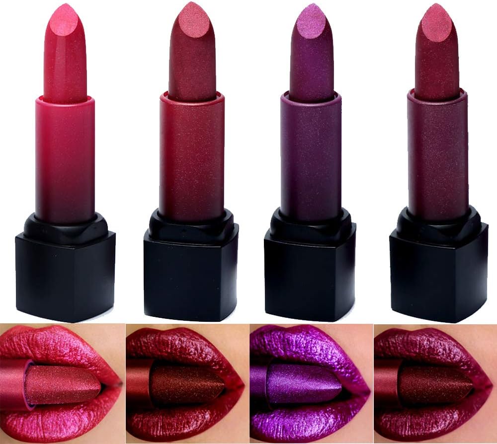 Metallic Lipstick Set, 4 Color Shimme Waterproof Long Lasting Lipstick Set (4 pack)