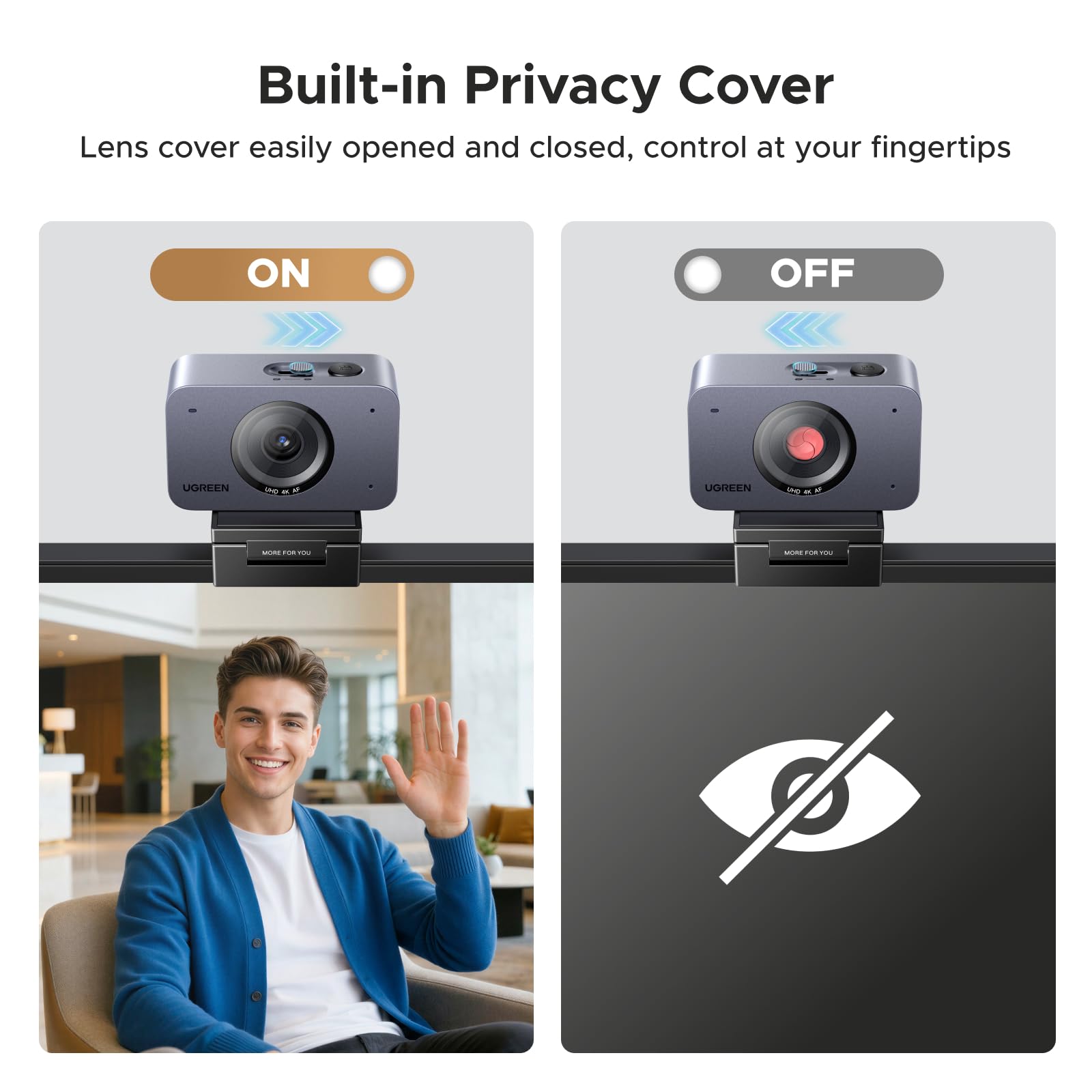UGREEN FineCam 4K, Autofokus, Podwójny Mikrofon, Face AE | UHD Kamera 4K 30FPS, 70°FOV, Face AE, Redukcja Szumów, Tryb Portretowy, Statyw, USB-C, PC/Laptop/Windows/Mac