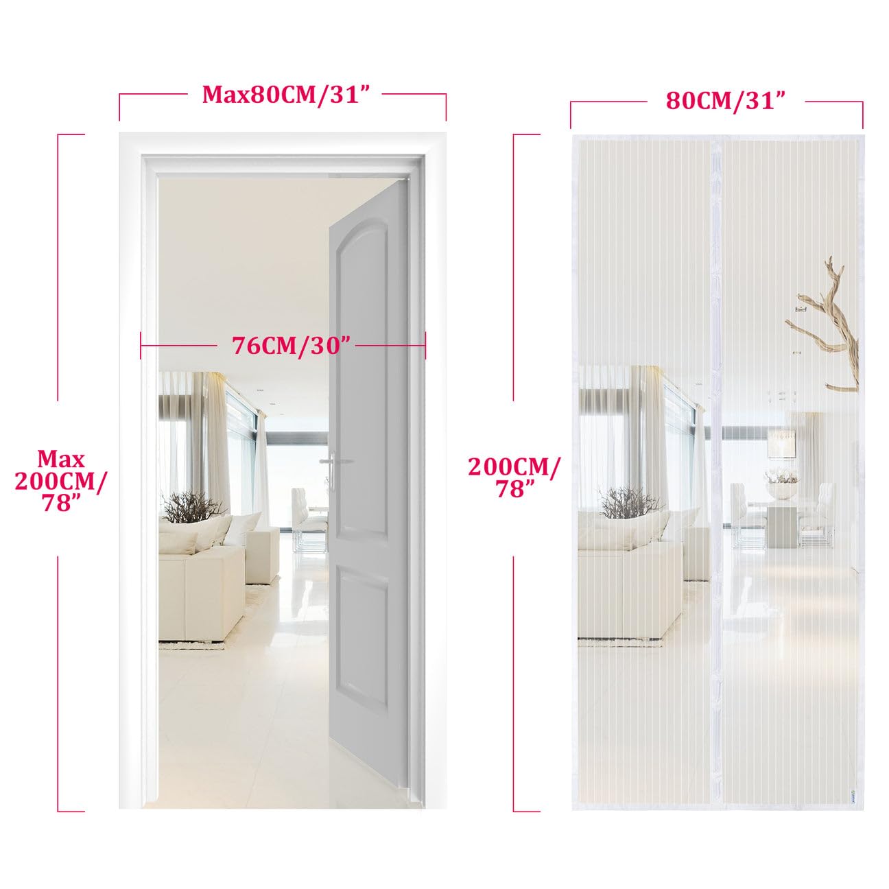 Mosquitera magnética para puerta de Apalus, cortina de malla, junta magnética de arriba a abajo con cierre automático, mantiene el aire fresco en el interior (80x200 CM, Blanco) — view 4
