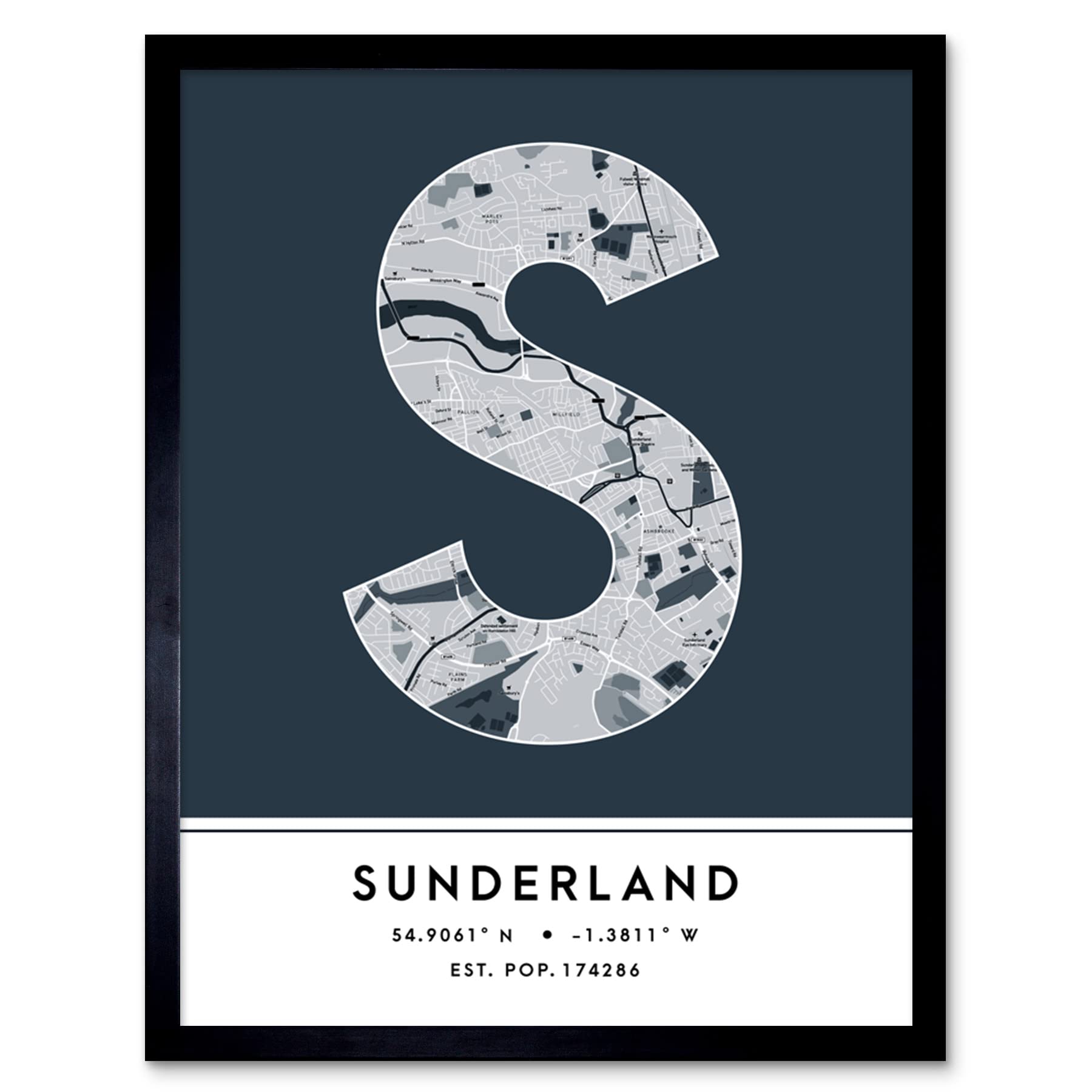 Wee Blue Coo Framed Wall Art Sunderland England United Kingdom City Map Modern Typography Stylish Letter Word12X16 Inch from B&Q