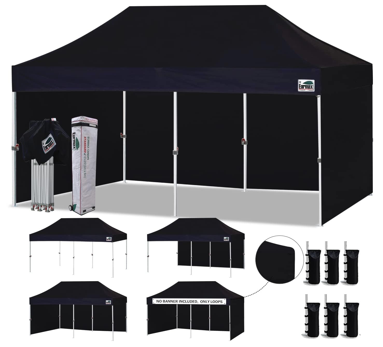 Photo 1 of Eurmax USA 10x20 Pop Up Canopy Tent,Commercial Tent with Patented No-Tip Rolling Bag,4 Zippered Removable Walls,UV & Water Resistant Canopy Top,Heavy Duty Outdoor Gazebo,Instant Shelter(Black)