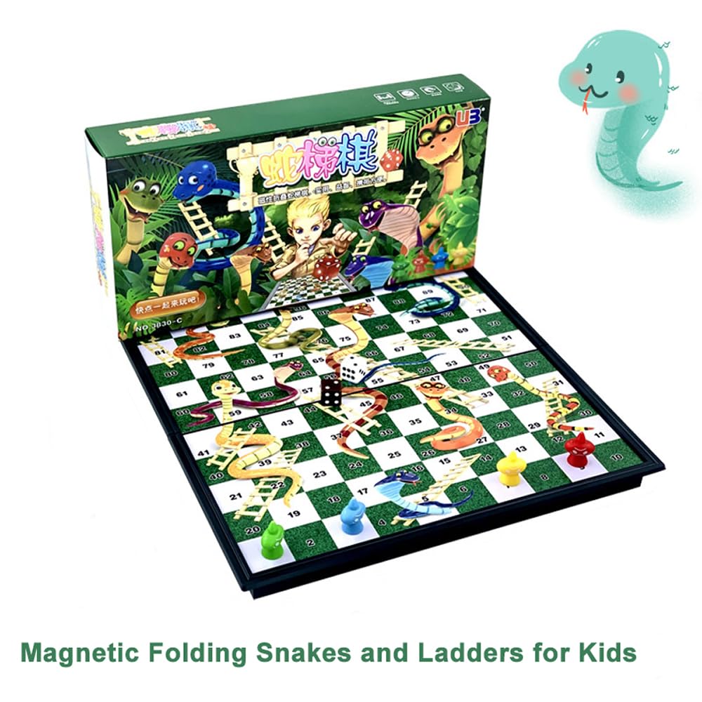 POFET Juego de Mesa Plegable magnético Snakes and Ladders, Juego de diversión Familiar