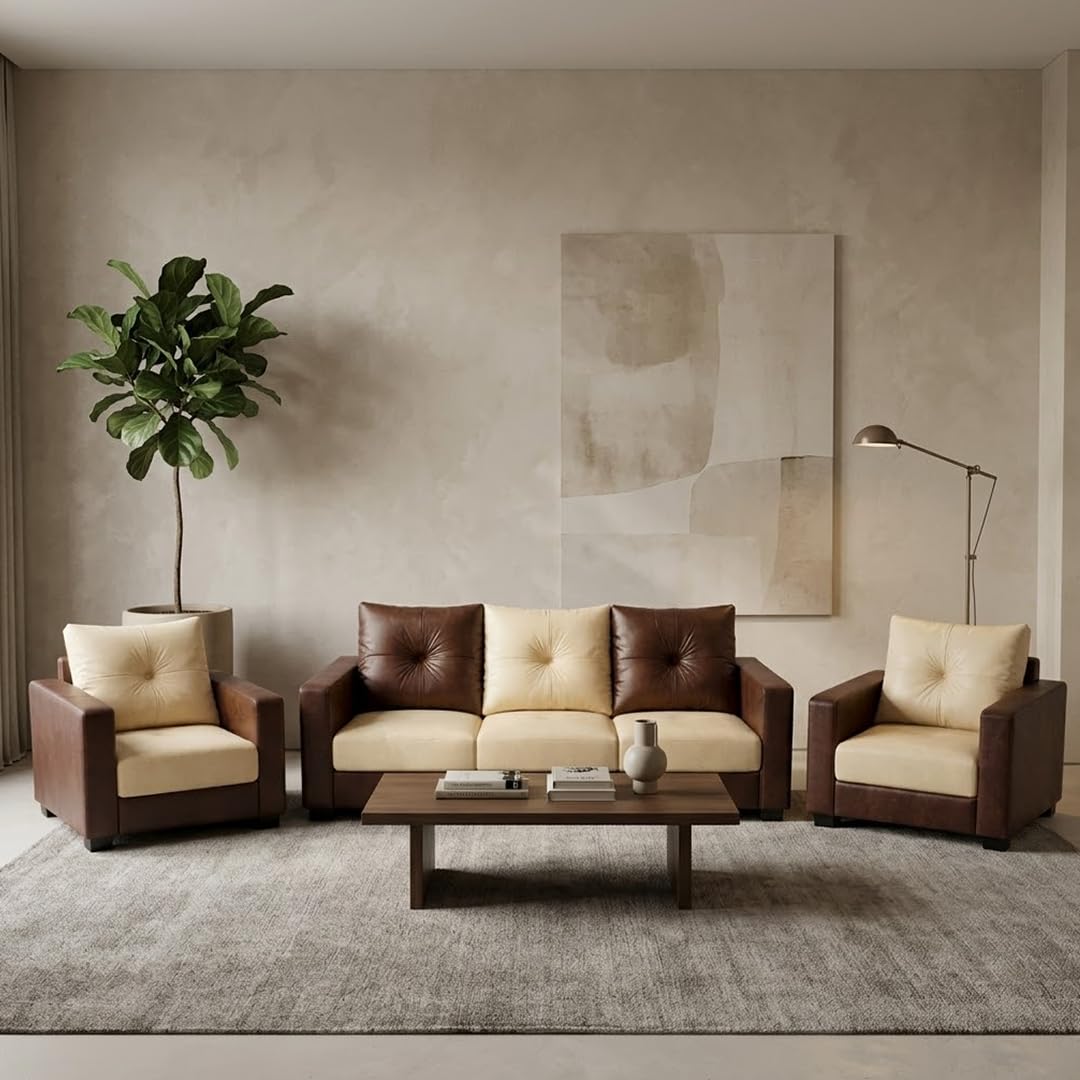 FURNY Heritage 3 Seater + 1 Seater + 1 Seater Leatherette Sofa Set (Dark Brown-Cream) | Durable Comfort | Ideal for Living Room-image-47