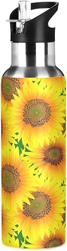 Miniatura 1 de BPA-Free Sports Water Bottle with Straw 32 Oz, Stainless Steel Water Bottle for Gym Outdoor Travel School, Vibrant Sunflowers Bright Yellow