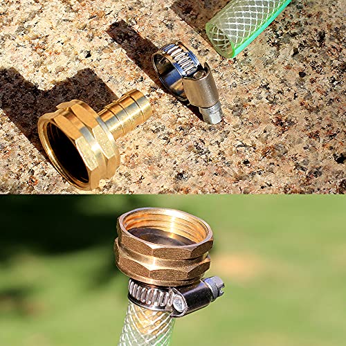 Image of Solid Brass Garden Hose Repair kit Connector with Stainless Steel Clamps, Male Adapter /Female Garden Hose Swivel Fitting (1 /2 inch Barb x 3 /4 inch Female -2 Sets)