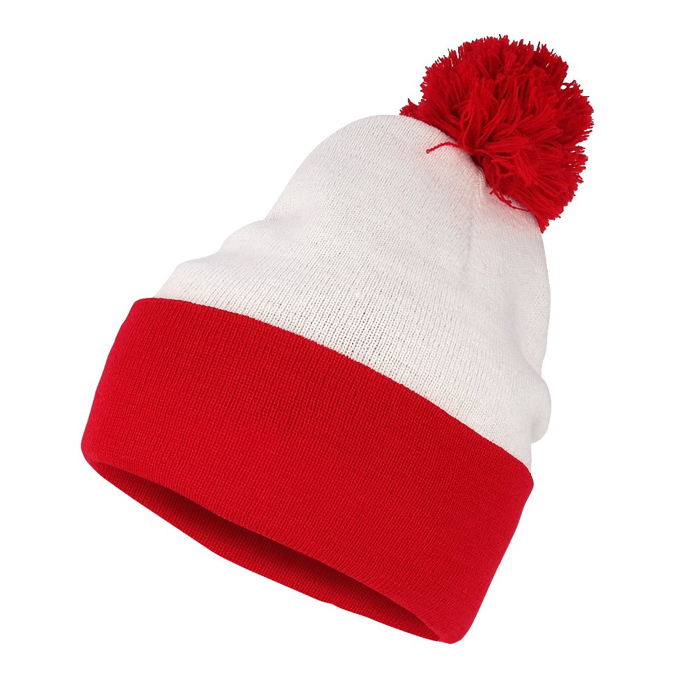 red and white pom pom hat