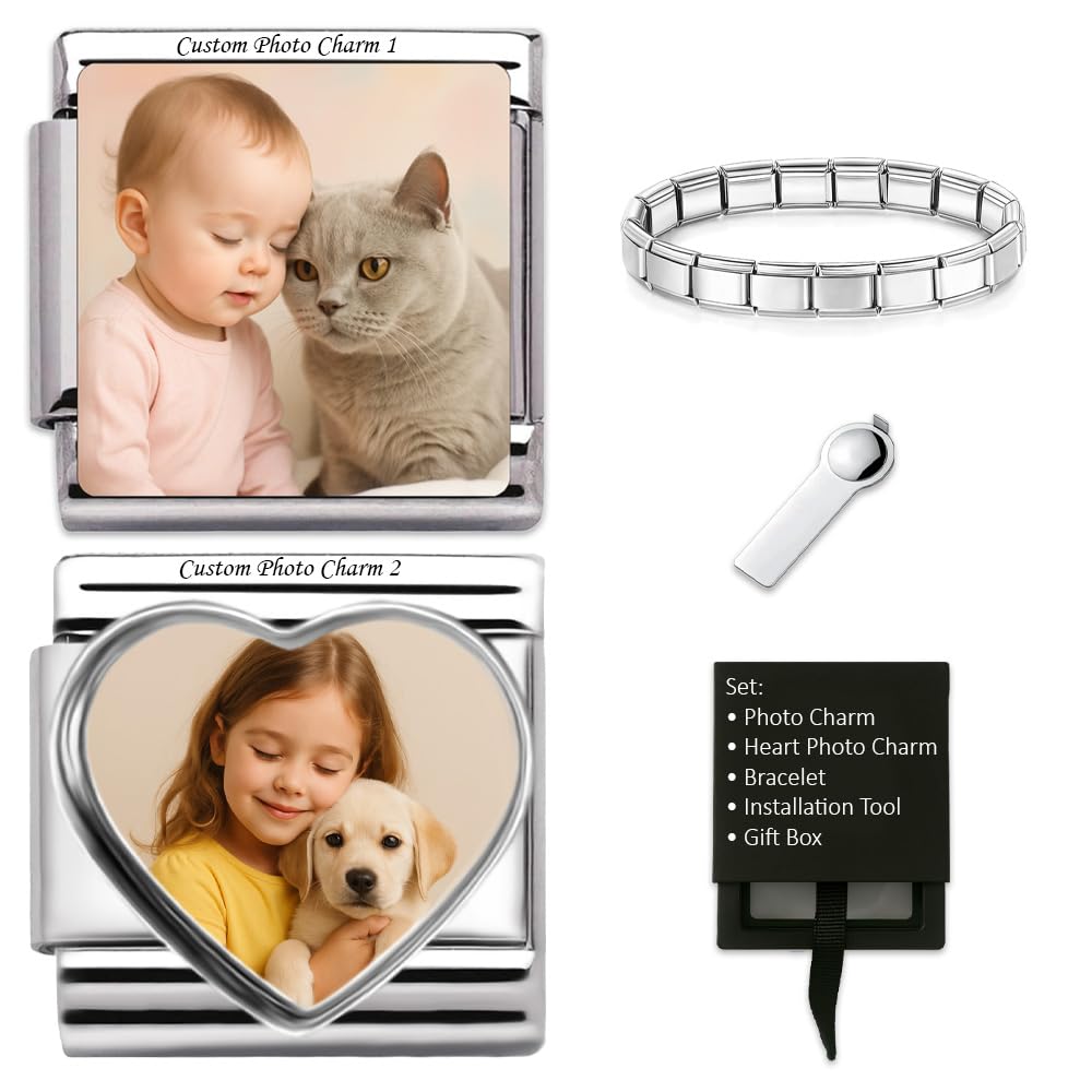 Andska Personalised Photo Charm Bracelet Set – 1x Square & 1x Heart Custom Image Charms with Italy Style 9mm Modular Links, Stainless Steel Bracelet, Installation Tool & Gift Box