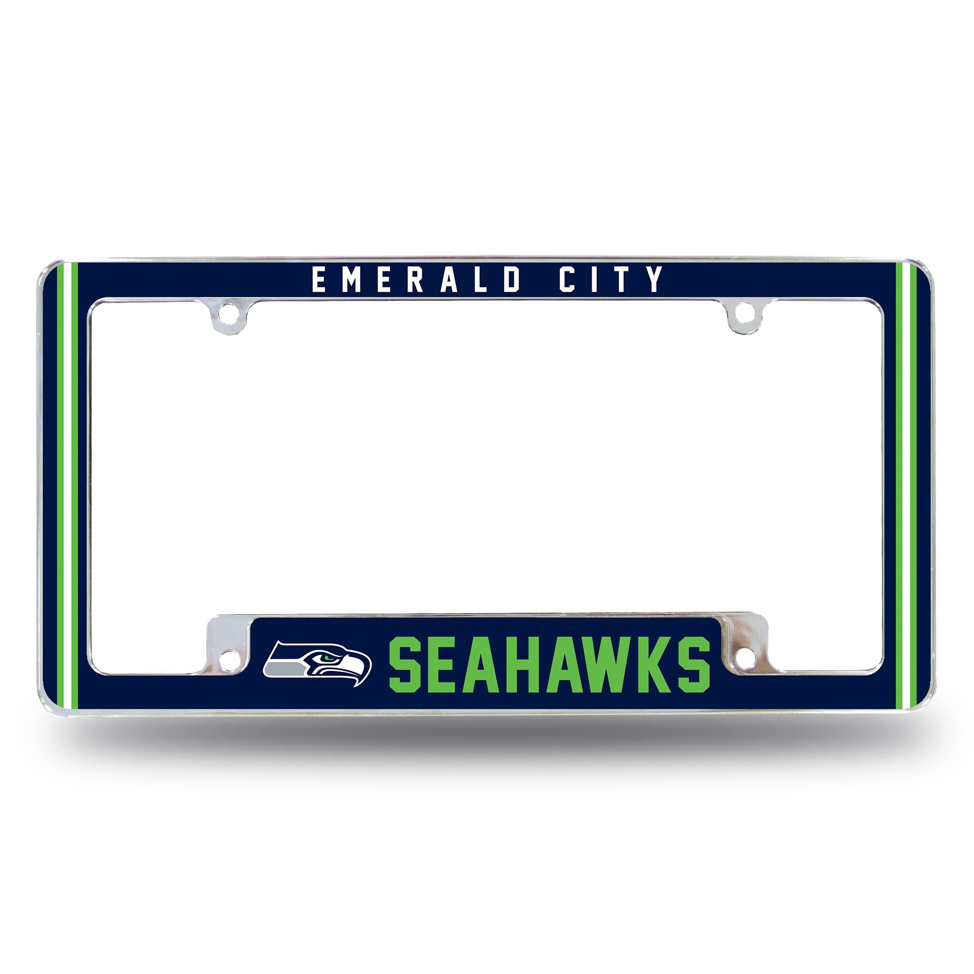 NFL Seattle Seahawks “Emerald City” Premium Full Color Long Lasting Zinc Alloy Chrome Plated Team License Plate Frame - 4 Screw Tag Holder with