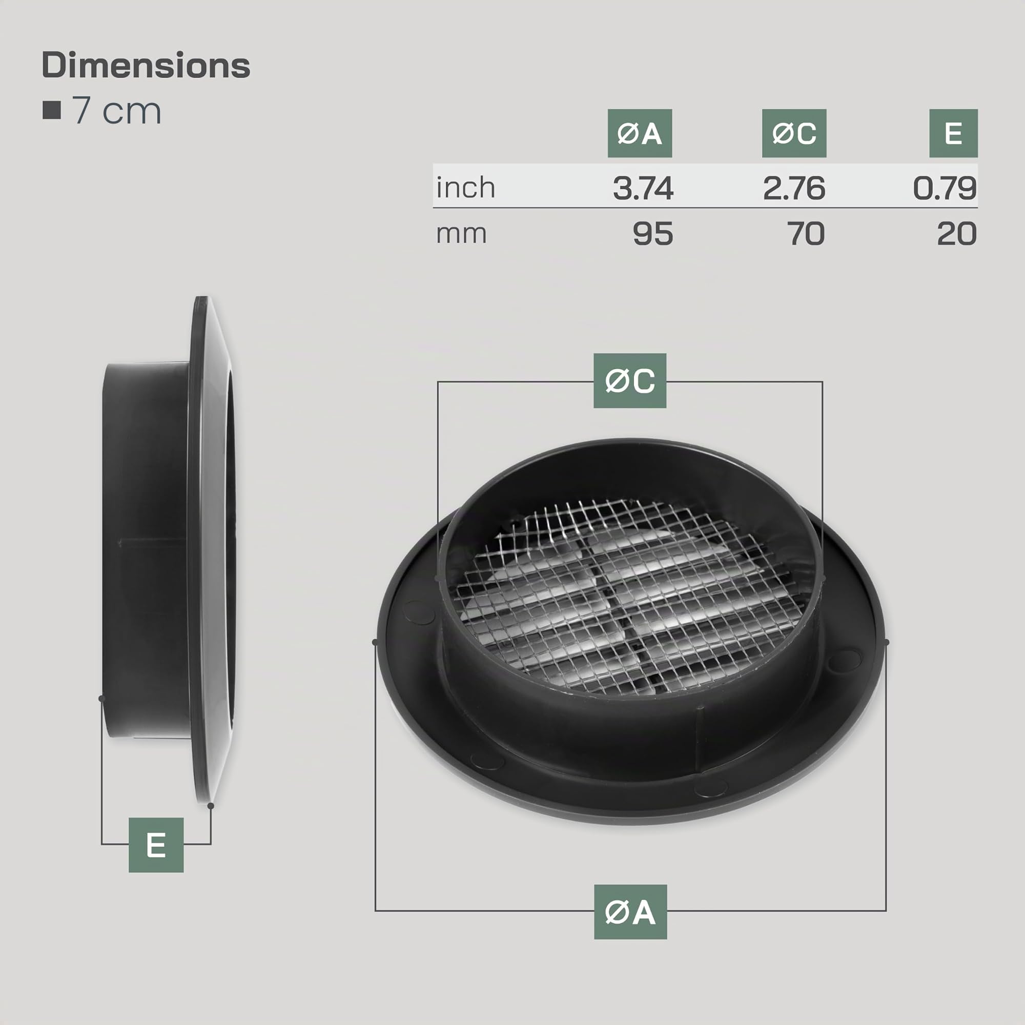 Vent Systems Grille d'aération noire de 70 mm pour porte d'aération – Mini cercle – Grilles d'aération d'intérieur – Pour salle de bain, armoire, garage à travers la grille d'aération