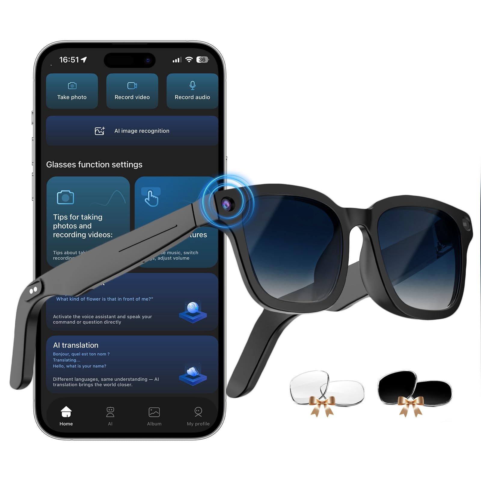 AI Smart Glasses with ChatGPT 8MP Camera Glasses with Camera and Audio AI Translation Sunglasses with 164 Languages