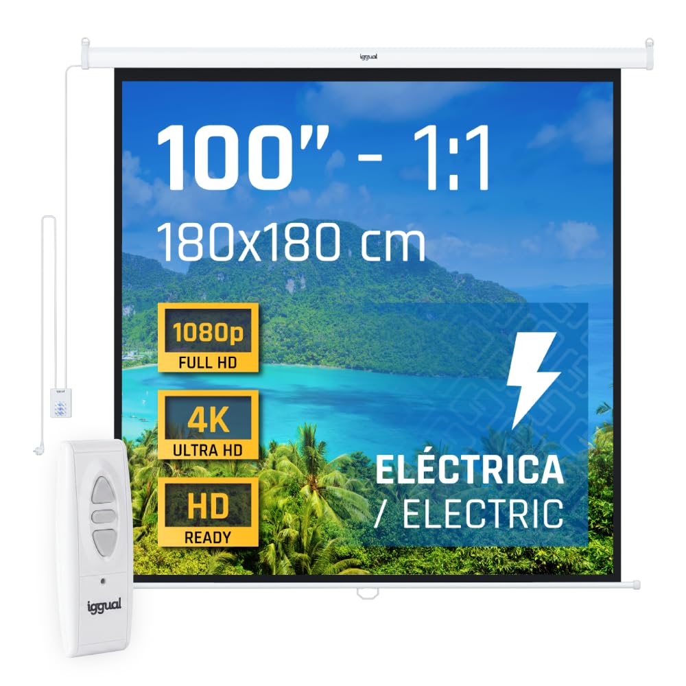 iggual Projection Screen 100 Inches Electric Roller – Square 1:1 – Adjustable Drop – Distance and Aux Switch – Suitable for Wall/Ceiling – Compatible with 4K and Any Projector (180 x 180 cm)