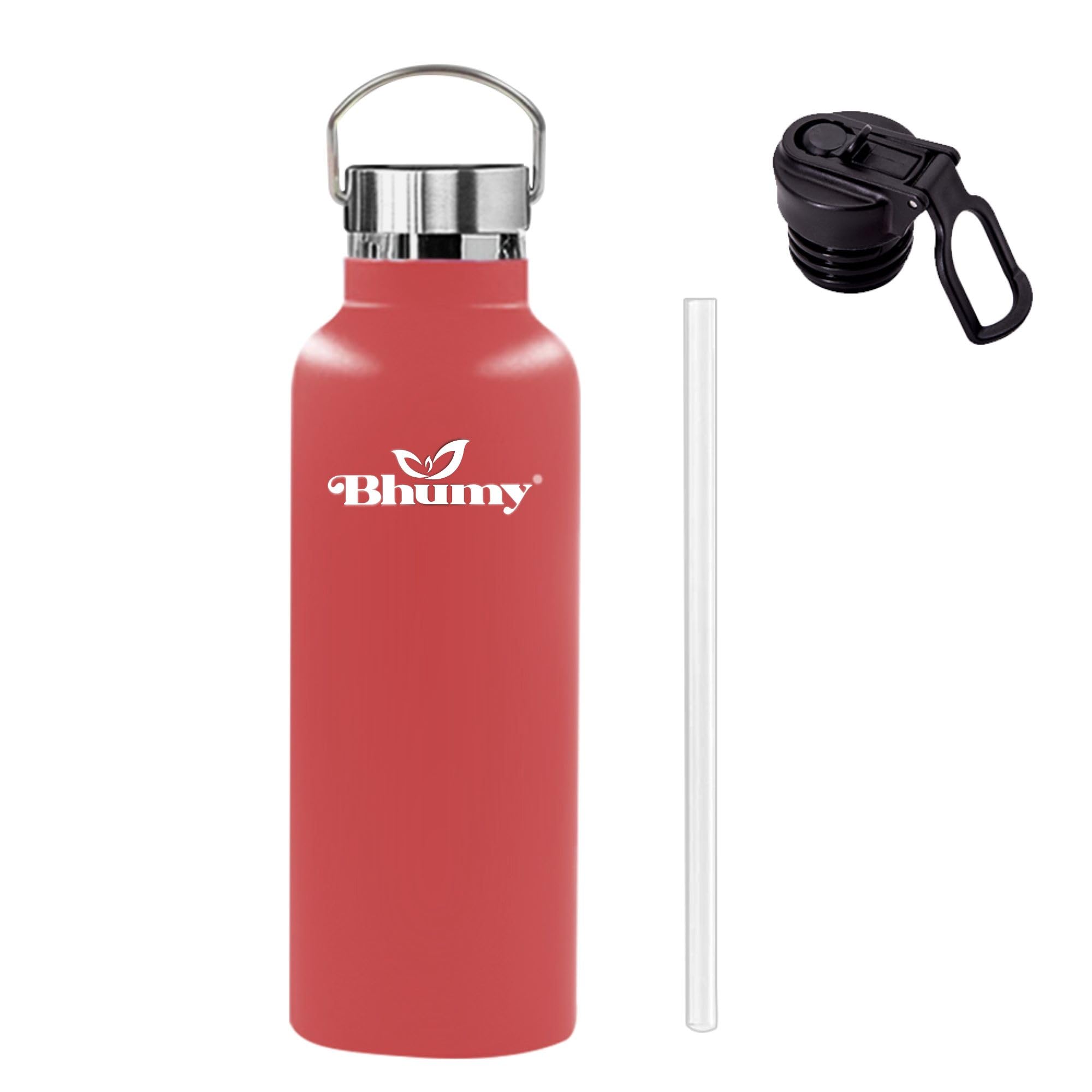 Bhumy Stainless Steel Water Bottles – 22oz Double Wall Stainless Steel Insulated Water Bottle – Water Bottle with Straw and 2 Caps – Leakproof Sports