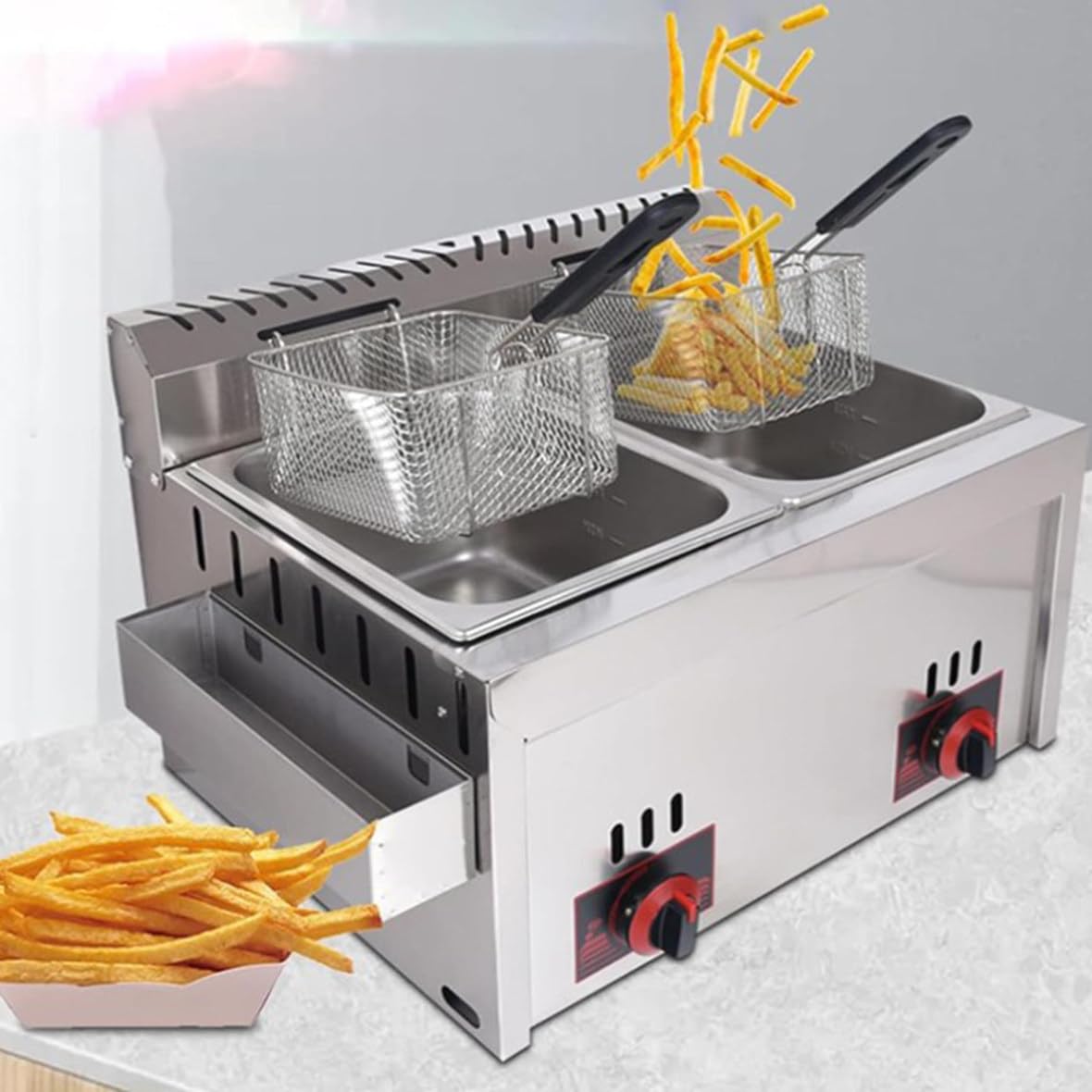 Friteuse Professionnelle 10Lx2 avec Double Couvercle Thermostat de Sécurité pour Restaurant Commercial et Famille - Friteuse à Gaz Professionnelle