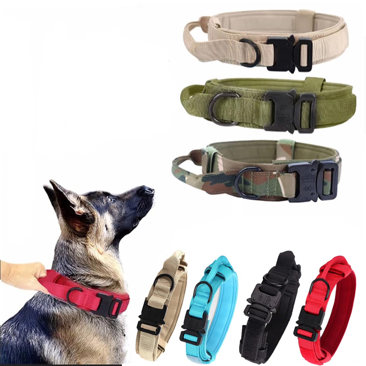 Tactical Dog Collar, Adjustable Military Training Nylon Dog Collar with Control Handle and Heavy Metal Buckle for Medium Large Dogs, (XL,Blue)