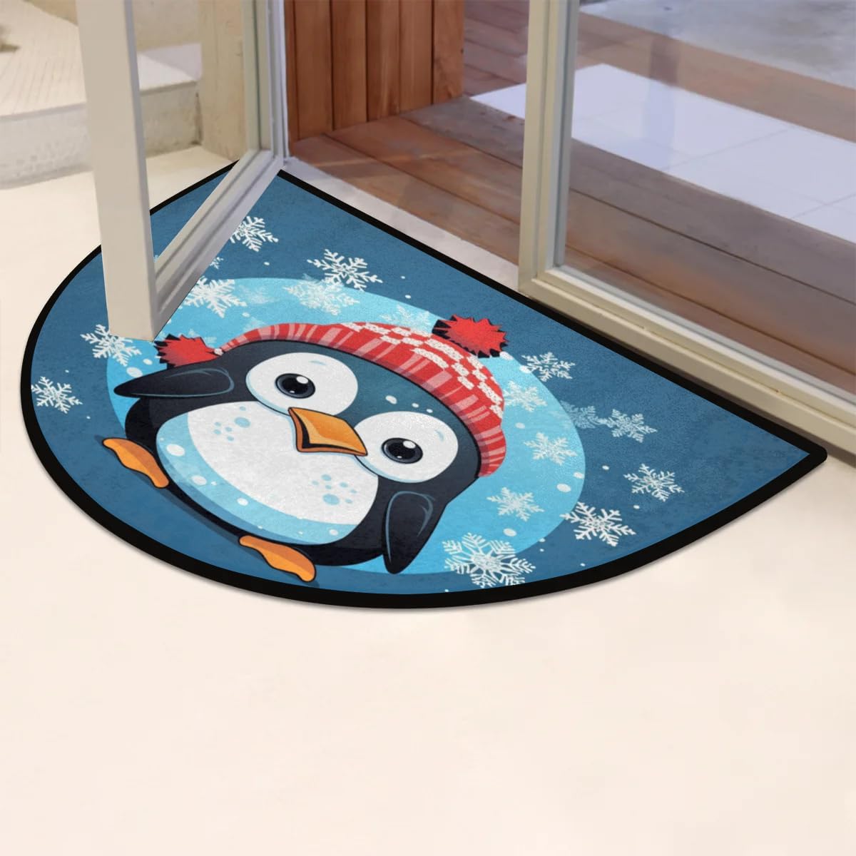 Winter Cute Penguin Half Round Door Mat - Non-Slip Washable Half Circle Area Rug, Durable Half Moon Rugs for Outdoor and Indoor Home Entrance, Bedroom, Living Room Semi Circle Doormat 36 * 24in