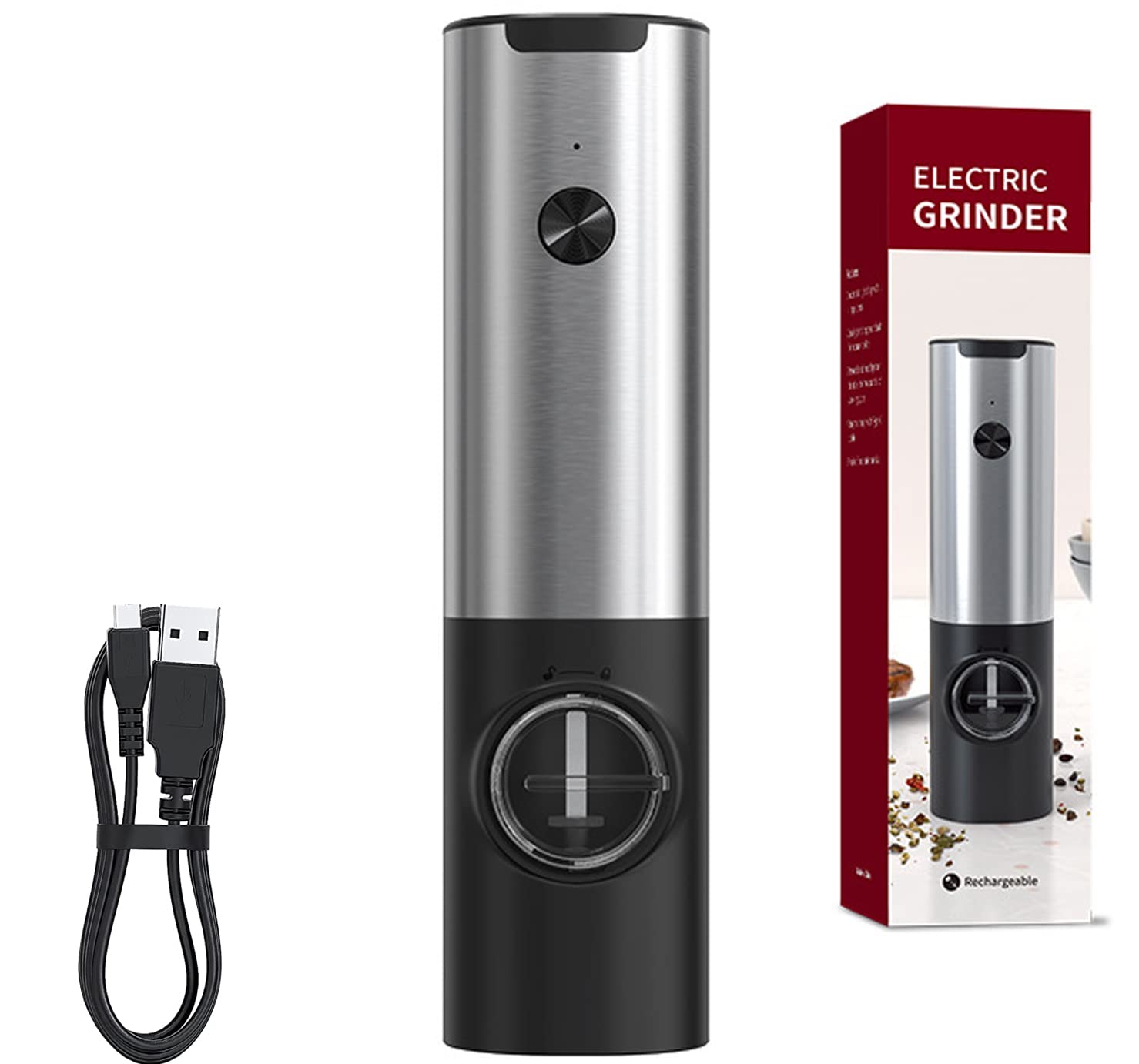 USB Rechargeable Electric Pepper Grinder Mills, Salt and Pepper Grinder with Ceramic Grind and LED Light, Adjustable Coarseness, Stainless Steel Body, One Hand Operation