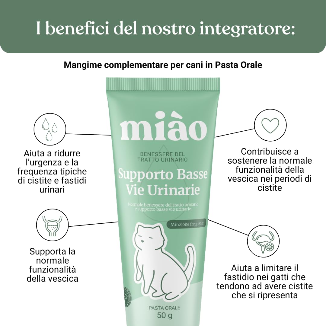 Miào Supporto Basse Vie Urinarie Gatto Pasta – Aiuto per Cistite, Minzione Frequente, Stimolo Continuo, Benessere Vescica, Facile Somministrazione