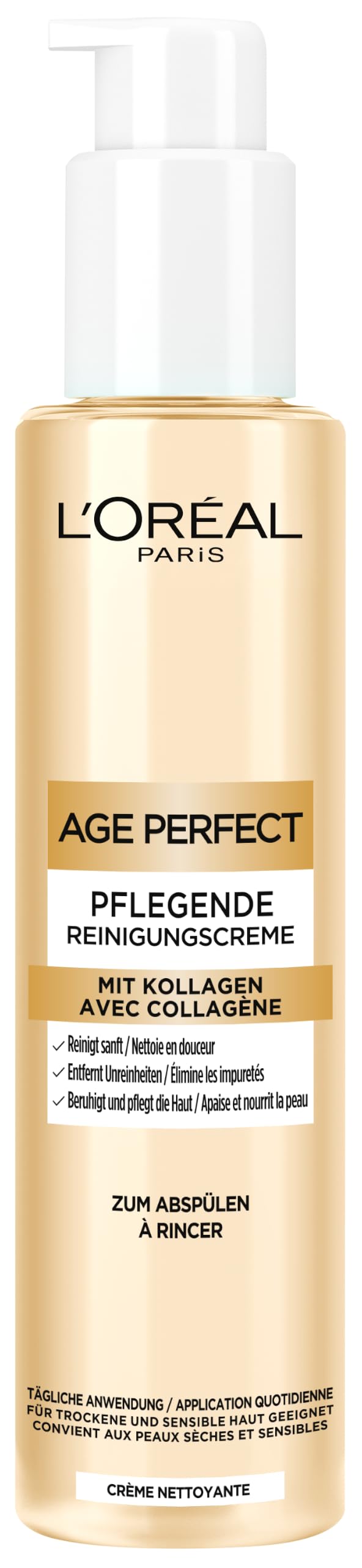L'Oréal Paris Kollagen Experte Nährende Reinigungscreme, Creme-zu-Schaum-Reiniger für eine sanfte Reinigung und Pflege der Haut, Age Perfect, 150 ml