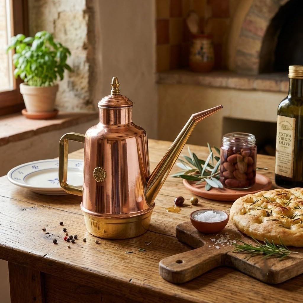 Oliera in rame ed ottone artigianale 1 litro da cucina professionale