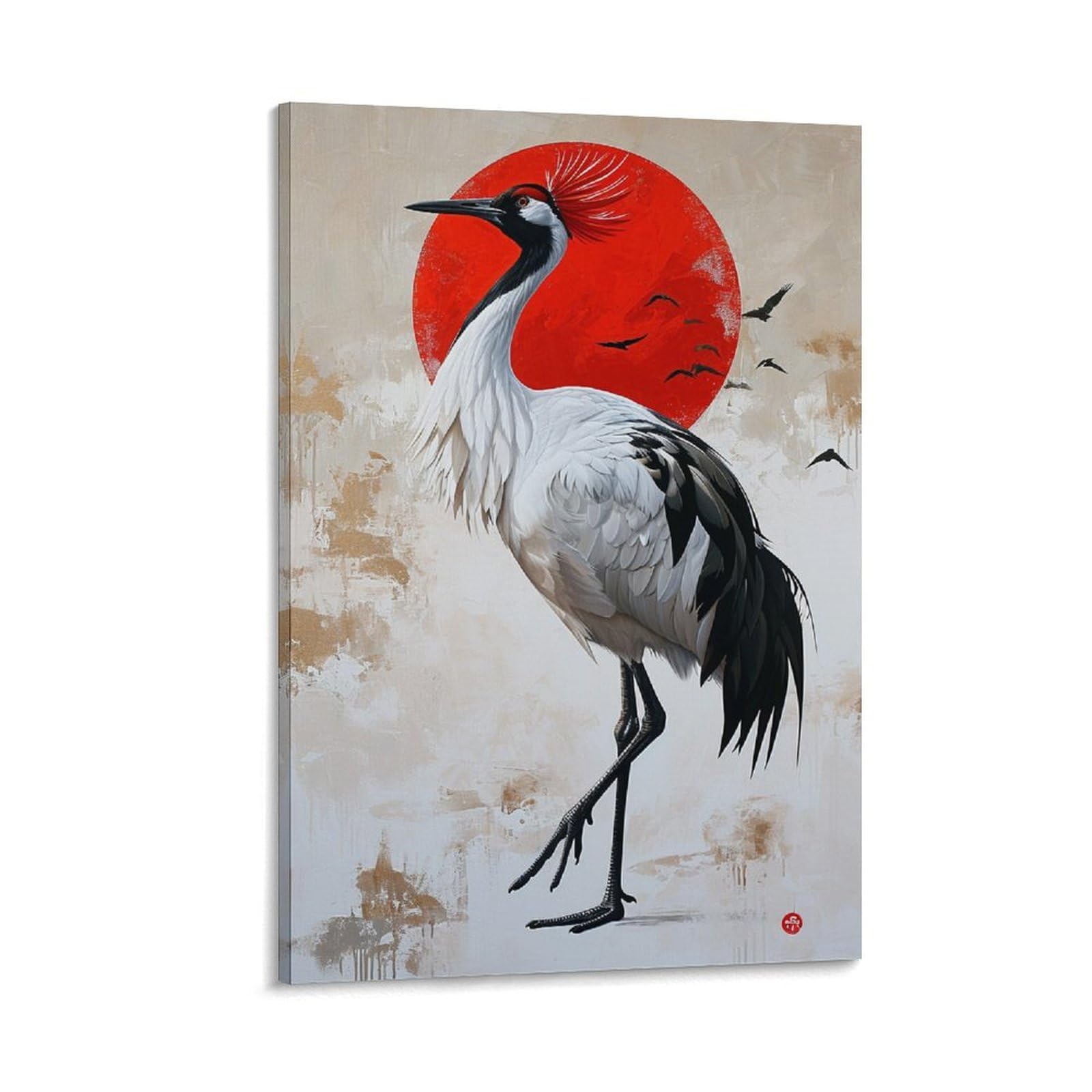 Amazon.co.jp: 絵画 赤い太陽と鶴 アートパネル ポスター 動物